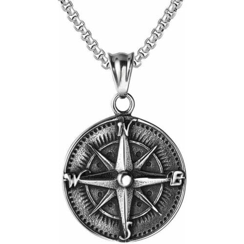 Cool Mens Nautical North Star Compass Pendant Necklace Stainless Steel