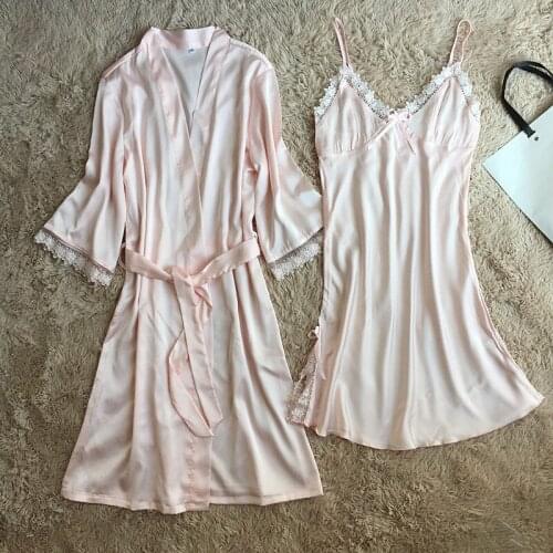 Lady Pink Kimono Robe Gown Suit Sweet Lace Bow Trim Autumn Home Dress With Belt Sexy V-Neck Nightdress Casual Satin Sleepwear