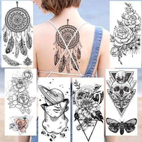 Dreamcatcher Temporary Tattoo Sticker Fake Jewelry Mandala Flower Tatoo For Women Body Art Arm Tatoo Geometric Death Skull Tatoo