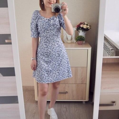 Summer Dress Retro Boho Women Tie Neck Floral Print Floral Mini Sexy White Dress Elegant Puff Sleeve Dresses Korean Vestidos