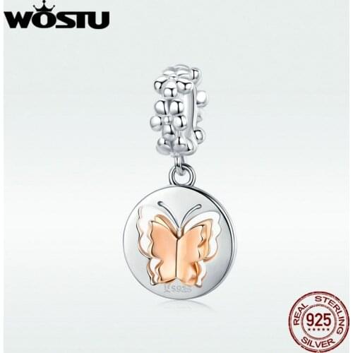 WOSTU Rose Gold Butterfly Dangle Charm 100% 925 Sterling Silver Flower Bead Fit Original Bracelet Pendant Jewelry Making BKC1250