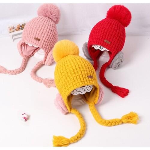 2-6T Kids Girls Hats Winter Warm Knitted Bomber Hat for Kids Earmuffs Fur Ball Beanies Children Girl Hats and Caps Accessories