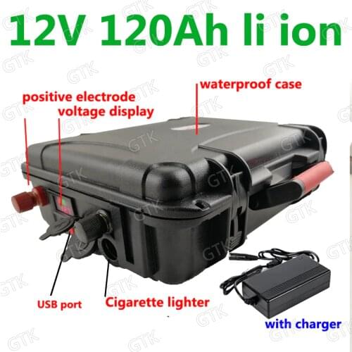 Waterproof 12V 120Ah lithium ion battery li ion with Cigarette lighter USB for solar energy motorhome beach cruiser +10A Charegr