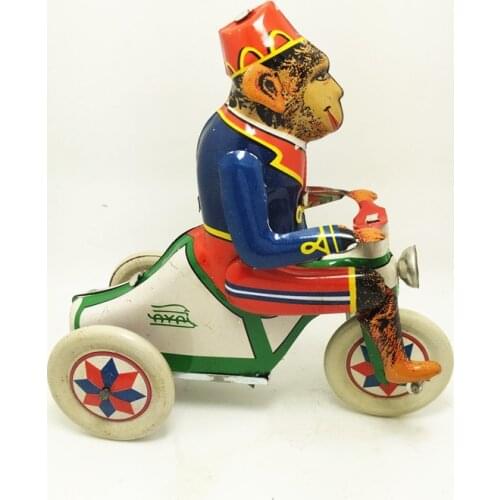 [Funny] Adult Collection Retro Wind up toy Metal Tin circus Monkey ride tricyc car Mechanical toy Clockwork toy figures gift toy