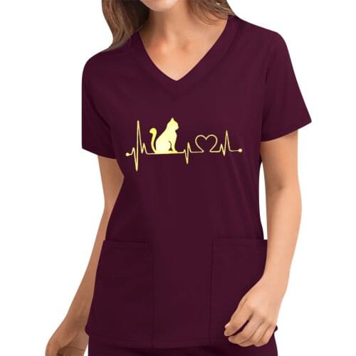 Women Men Workwear Short Sleeve V-neck Tops Nursing Working Uniform Beauty Salon Suit Scrub Uniform Animal printing Overalls