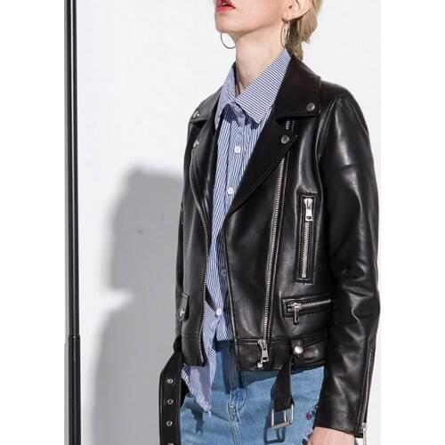 Women Sheepskin Genuine Autumn Winter Slim Motorcycle Real Leather Coats With Belt Biker Jackets Chaqueta Mujer