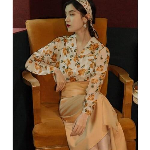 Korean Design Women Outfits Vintage Print Flower Chiffon Shirt Lady Tops & Long Satin Skirt Modern Elegant 2 Piece Set Women