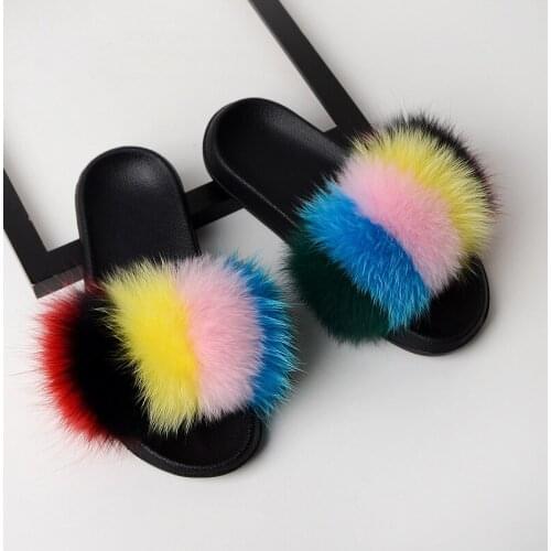 Winter Womens Raccoon fur Shoes Ladies fox fur Sandals Indoor Warm Plush Home Slippers Furry Flip Flops female Fluffy Slides