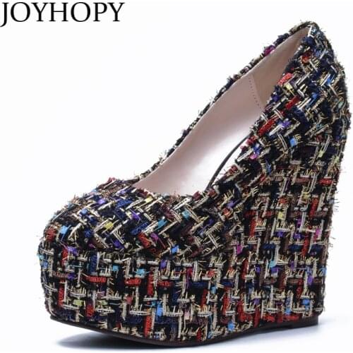JOYHOPY 2018 New Women Wedges Platform Shoes Knitted Fabric 15cm Thick Bottom High Heels Woman Customize Size 30- 43 Pumps 1084