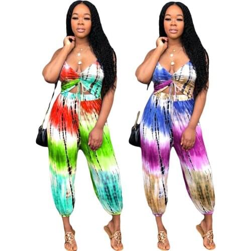 Adogirl Casual Women Rompers Jumpsuits Tie Dye Printed Lantern Jumpsuits Halter Backless Wide Leg Pants Loose Long Playsuits