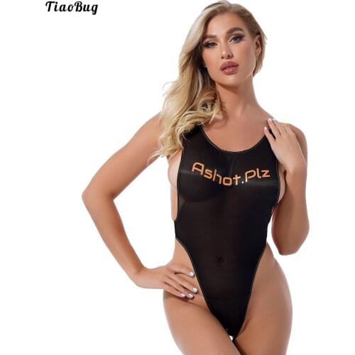 TiaoBug Women Round Neck Sleeveless Color Contrast See-Through Front Letters Print High Cut Open Crotch Jumpsuit Bodysuit