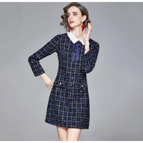 2021 New European Fashion Vintage Plaid Winter Woolen Short Dress Women Bow Neck Elegant Office Dress Autumn Vestido De Mujer