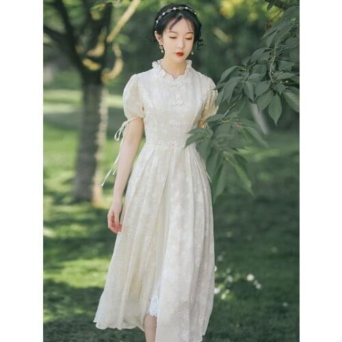 Summer New Style Chinese Style Womens Girls Young Style Cheongsam Long Dress Lace Collar Mesh Puff Sleeve Retro Dress