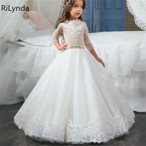 Flower Girls Birthday Banquet Long Sleeve Lace Stitching Dress Elegant Girls Wedding Long White Butterfly Lace Loop Dress