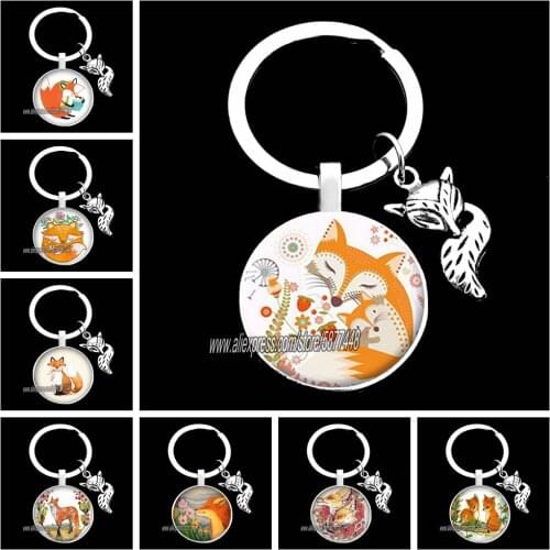 Cute Fox Picture Glass Convex Keychain Lovely Animal Pendant Key Ring Girls Christmas Gifts DIY Keychain