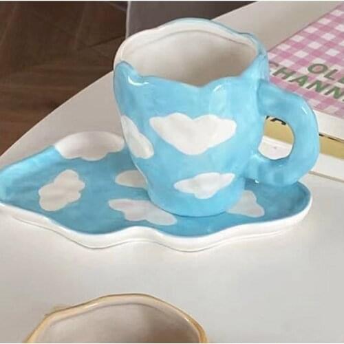 Breakfast Milk Cup Mug Breakfast Cup Hand-painted Blue Sky and White Clouds Cup Ceramic Afternoon Tea Center Plate Drinking Set