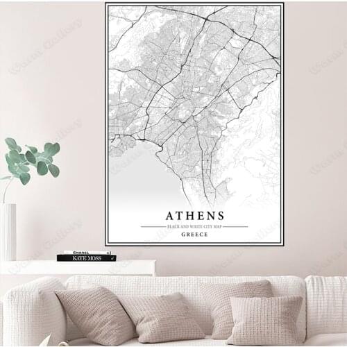 Black and white map modern poster Athens world famous city poster travel world wall art canvas painting home decoration