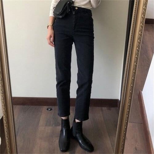 LMQ NEW2020 Korean Woman Winter Warm High Waist Slim Fit Jeans Fashion Fleece Thicken Elastic Straight Streetwear Denim Trousers