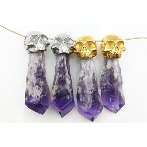 Large Raw Amethysts Point Pendant Skull druzy Pendant Freeform Healing Crystal Quartz Pendant with Stainless steel Skull Charm