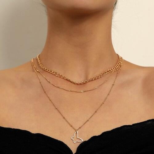 Multilayer Trendy Geometric Butterfly Pendant Necklace For Women Creative Short Choker Round Beads Chain Necklace Jewelry