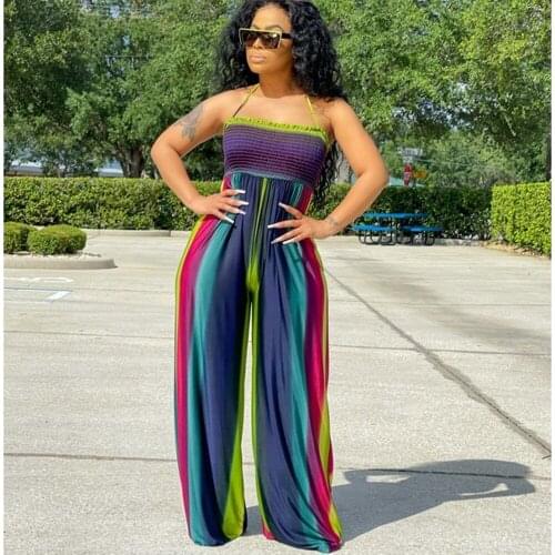 Fashion Jumpsuit 2021 Summer New Color Stripe Breast Bound Womens Jumpsuit Sexy Nightclub Waist Baring Back Casual Wear