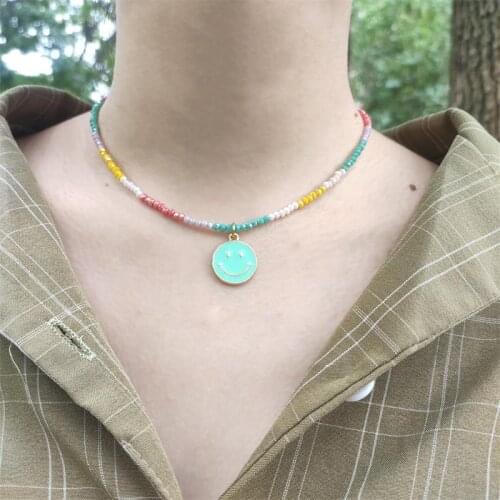 Original fun fashion smiley face pendant colorful crystal beads cute collar 2021 new necklace for woman handmade jewelry gift