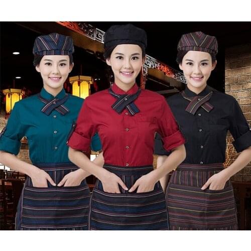 Coffee House Server Long Sleeve Work Shirt+Apron+Tie Sets Women and Men Hotel Cafeteria Uniform Cheap Hotpot Waiter Clothing