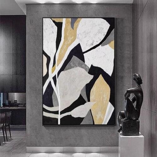 Hand painted Modern Art Geometric Minimal Oil Painting Canvas Wall art Painting Black White Golden Large Canvas Home Decorative