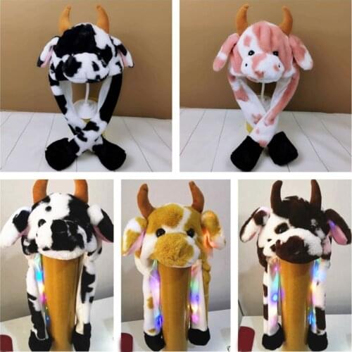 LED Light Up Plush Animal Hat with Jumping Ears Cartoon Cow Stuffed Earflap Cap A0NF