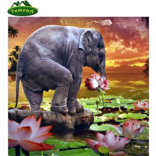YUMEART Diamond Mosaic Full Embroidery Beads Lotus Pond Elephant Diamond Painting Cross Stitch Square Diamond Unfinished Kits