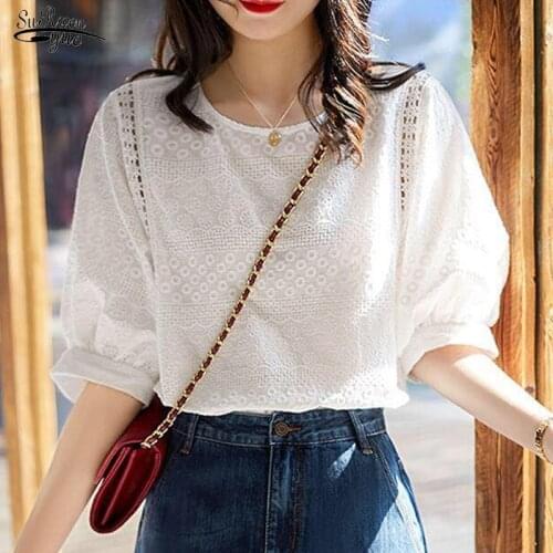 2021 Korean Fashion Summer Women Lantern Sleeve Loose Shirts Plus Size Embroidery Cotton Lace O-neck Casual Blouses Women 13440
