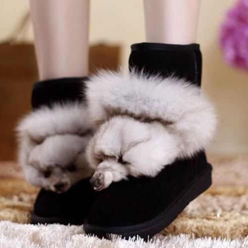 2020Winter Warm Thick Bottom Snow Boots Women Genuine Leather Real Fox Fur Black Round Toe Casual Shoes Women Female Ankle Boots