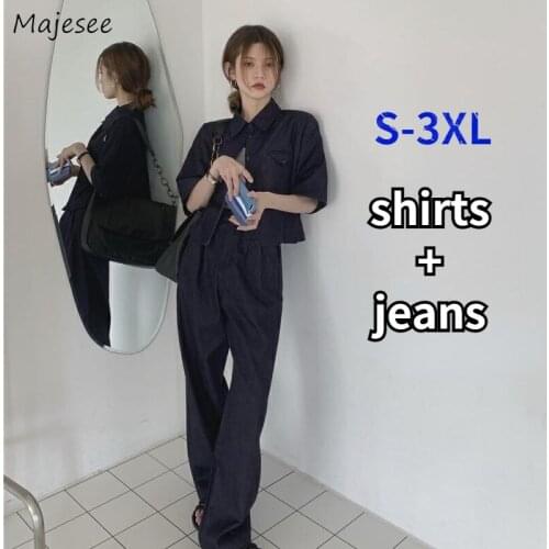 Sets Women Shirts and Jeans Mopping Pockets Solid Single Breasted Casual Hipster Chic All-match Ins Female Turn-down Collar New