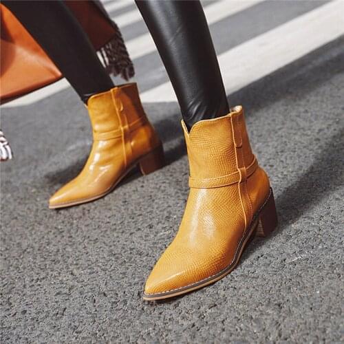 YMECHIC Fashion Snake Print Yellow Black Block High Heels Ankle Western Boots Cowboy Boots Women Pointed Toe Ladies Heel Shoes