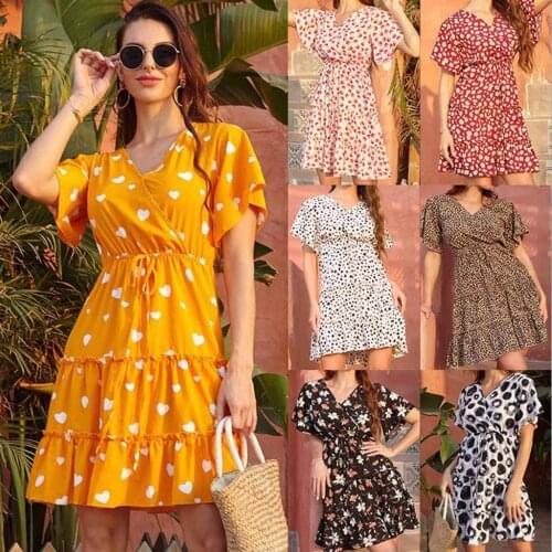 40# boho dress Womens V-Collar Bow Short Sleeve Printing Bow Party Slim Mini Dress сарафан summer clothes for women daily wear