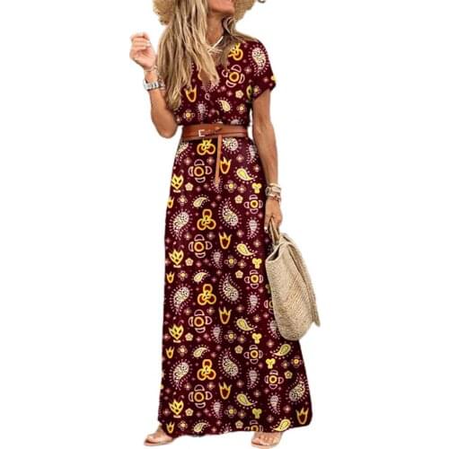 Hot Sales!!!Boho Women Dress Paisley Print Large Hem Short Sleeve Slit Hem Maxi Dress with Belt for Work
