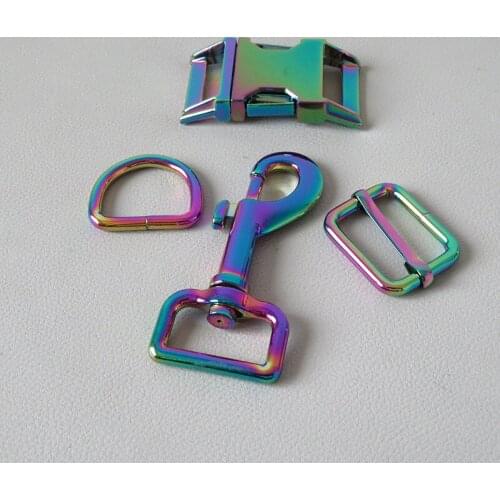 10Sets/Lot 25mm Rainbow Metal D Ring Buckle Carabiner Hook Hardware Adjuster For Paracord Dog Collar Leads Lock Clasp Accessory
