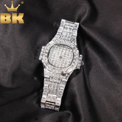 THE BLING KING Iced Out Baguette Rhinestone Diamond Luxury Design Watch For Men Waterproof Stainless Steel Watch Clock Relogio