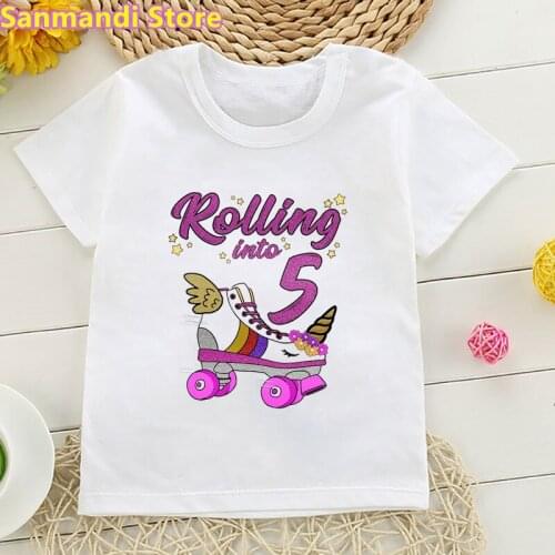 ChildrenS Clothing Rolling Into 7th Birthday Unicorn Roller Skate Party Graphic Print Tshirt Girls Birthday Gift Tops For Girl