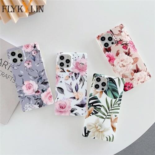 FLYKYLIN Square Retro Flower Leaf Phone Case on sFor iPhone 12 11 Pro Max XR XS Max 7 8 Plus X SE 2020 Soft Silicone Cover Coque