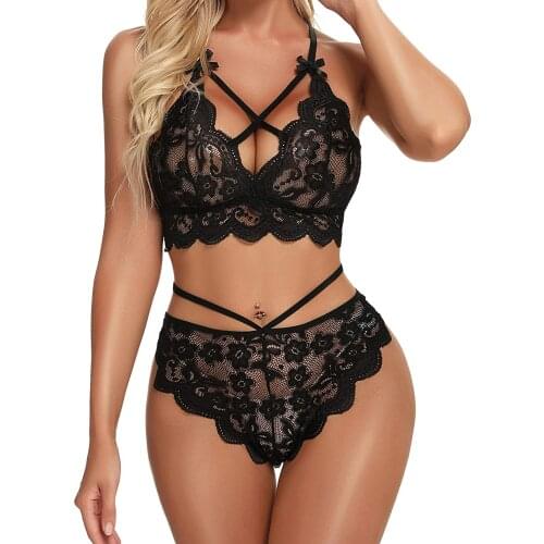 2Pcs Women Lingerie Set, Crochet Sheer Push-Up Bra + Middle Waist Strappy Panty Suit for Girlfriend, Wife, 4 Colors