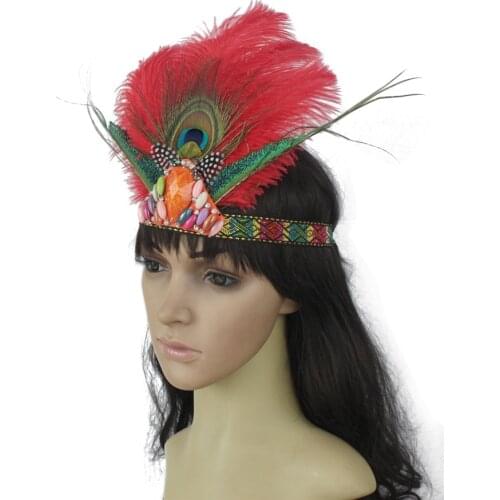 Red Samba Feather Headband Women Festival Feather Headband Hippie Headdress Hair Accessories Peacock Feather Fashion Headdress