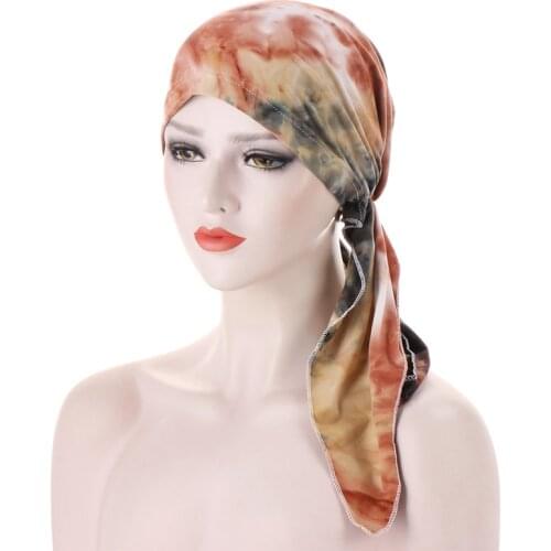 Muslim Hat Tie-Dye Hijabs Hats Elastic Turban Women Long Tail Bow Bonnet Beanie Printing Chemo Cancer Cap Hair Band Wrap Cap