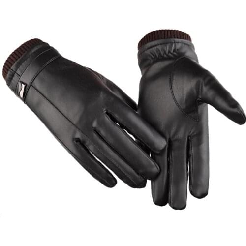 Men Leather Gloves Winter Warm Touch Screen Leather Gloves Riding Waterproof Windproof Thickened Woolen Gloves