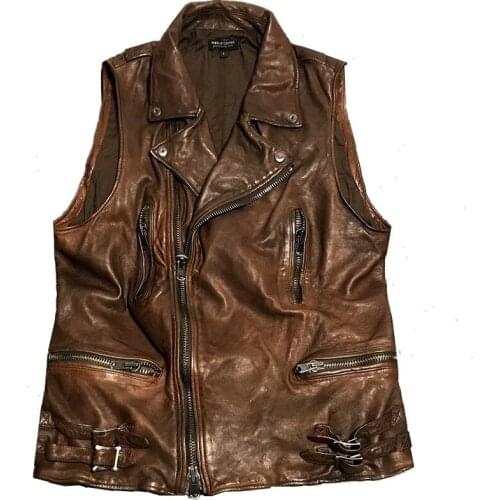 2021 Black Slim Fit Bikers Leather Vest Men Japan Style Diagonal Zipper Genuine Sheepskin Spring Short Motorcycle Coat