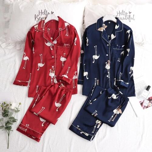 Flamingo spring and summer new long-sleeved trousers silk pajamas imitation silk two-piece cardigan ice silk loose home wear