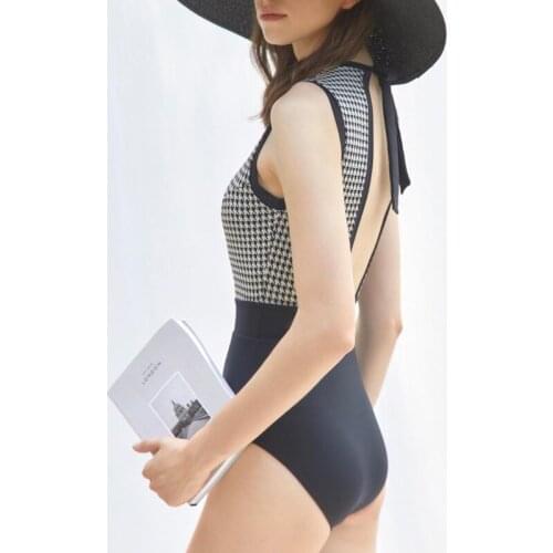 New Jumpsuit Womens Japan and South Korea Thousand Birds Grid Sexy Bare Back High Waist Thin Spa Swimsuit Womens One Piece