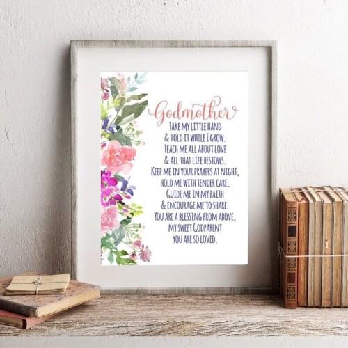 Godparents Poem Print Gift for Godmother , Bible Verses Watercolor Flowers Wall Art Picture Canvas Painting Poster Baptism Gifts