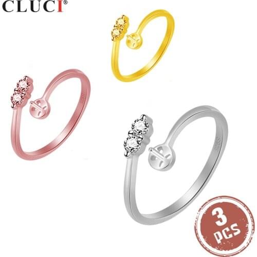 CLUCI 3pcs 925 Sterling Silver Rings for Women Jewelry Adjustable Pearl Ring Mounting Silver 925 Open Zircon Rings SR2107SB