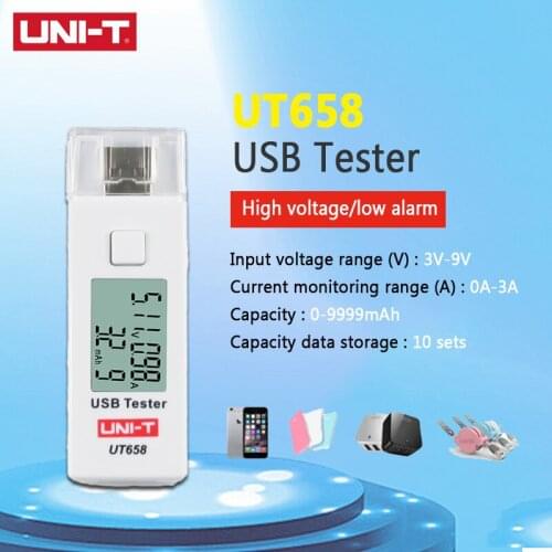 UNI-T UT658 USB Tester Digital Current Voltage U Disk Doctor Chargers Voltmeter Ameter Capacity MAX 9V Data Storage Backlight